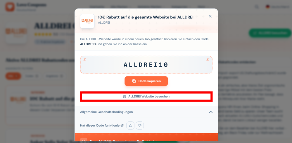 Ein offener Gutschein von ALLDREI mit rotmarkiertem Link