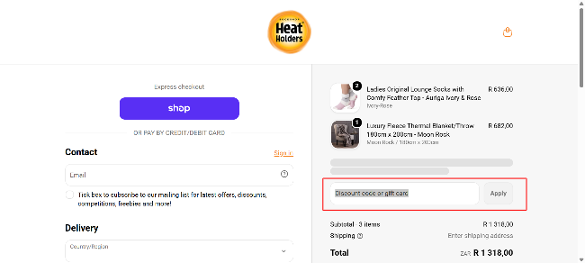 The checkout page showing where to apply your discount code