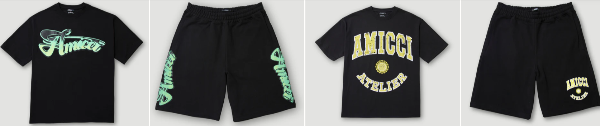 A collage of shorts and t-shirts with Amicci logo printed on them
