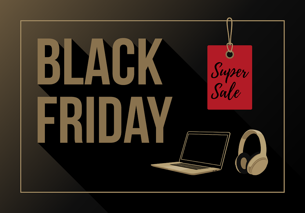 Ein dunkles Bild mit Elektroniksymbolen und mit einer Aufschrift, die auf den Black Friday und Super Sales verweist