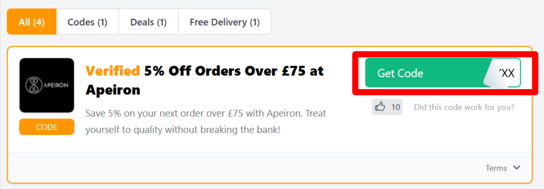 The Love Discount Vouchers page shows Apeiron promo codes and offers to use on your purchase