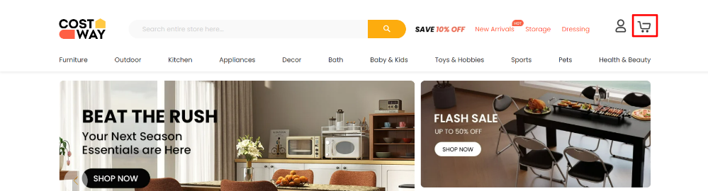 The Costway website and the shopping categories, with the shopping bag highlighted with a red box