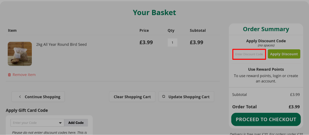 Garden Wildlife Direct checkout page where to enter discount code highlighted in a red box