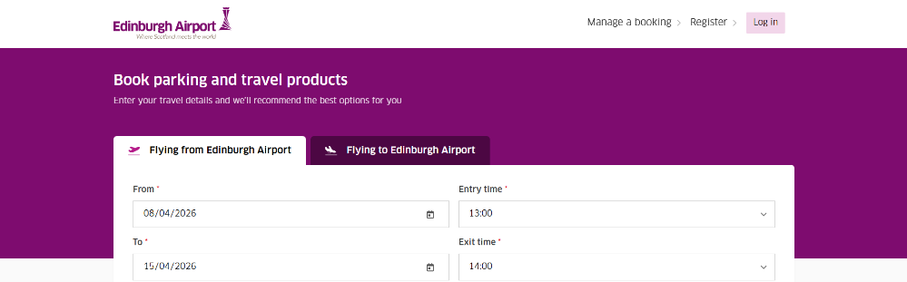 The Edinburgh Airport website and the search parameters