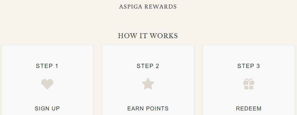 The Aspiga rewards information page.