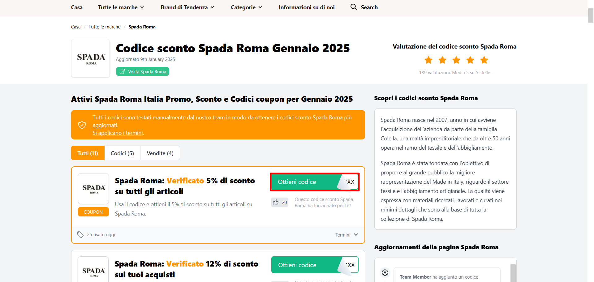 lista di codici sconto Spada Roma da poter prelevare e utilizzare per risparmiare
