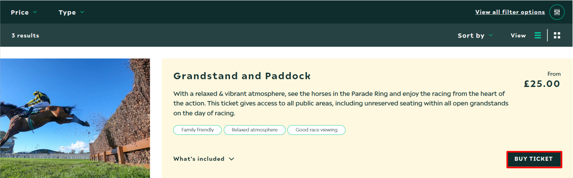 The Aintree page with a ticket option and filter options