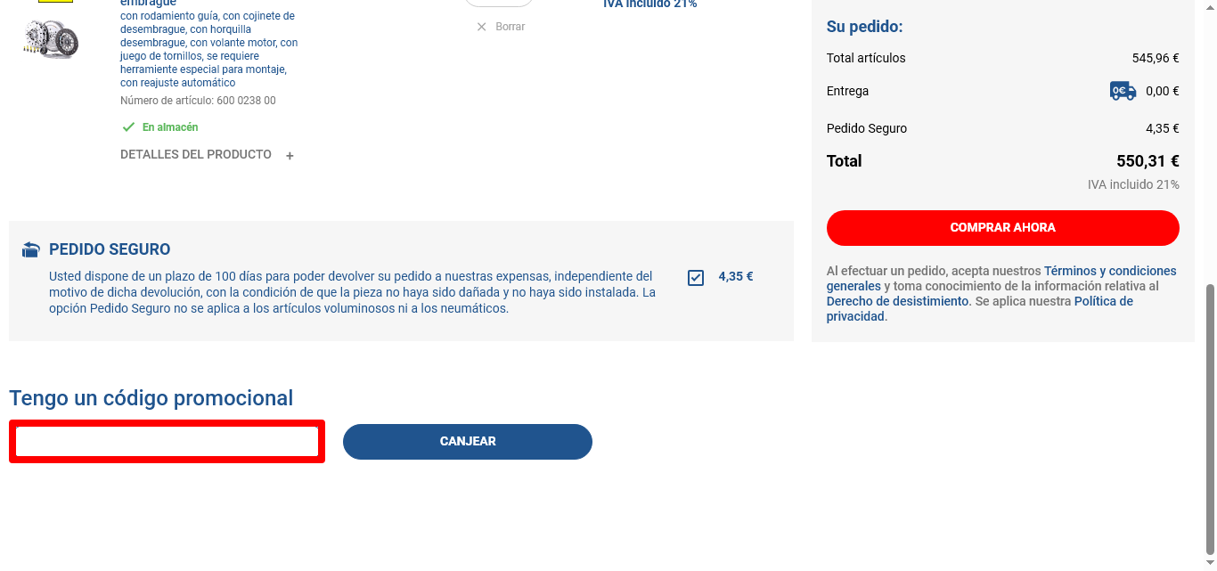 cuadro rojo para introducir el código de la marca y canjearlo