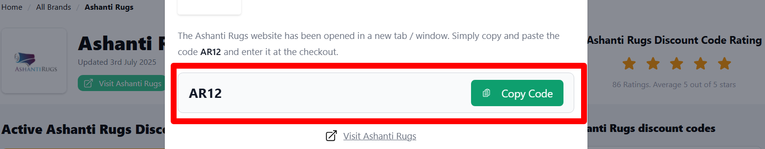 The highlighted red box shows the link to the Ashanti Rugs website.