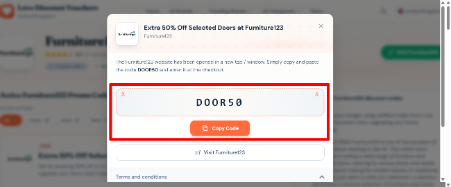 the Extra 50% Off Selected Doors at Furniture123