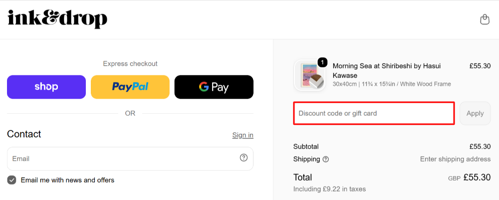The Ink & Drop checkout page with where to paste the Ink & Drop voucher code in a red box