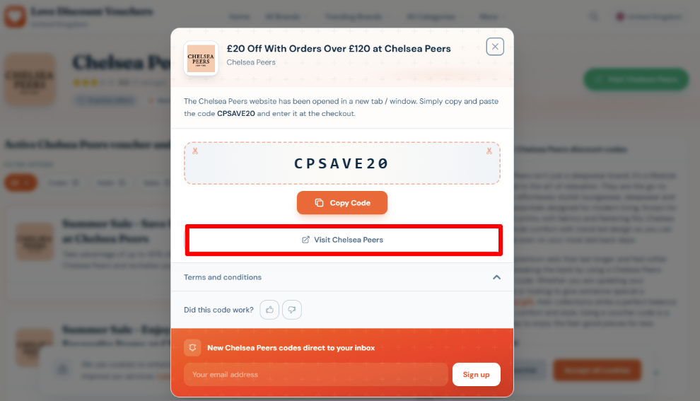 Copy your code and visit Chelsea Peers webste to start shopping