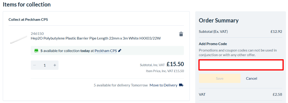 The City Plumbing shopping basket page with where to paste the City Plumbing discount code in a red box