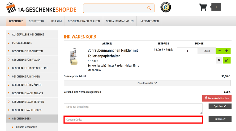 Warenkorb von 1A-GESCHENKESHOP.DE mit rotmarkiertem Eingabefeld für Gutscheine