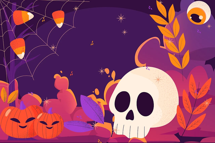 Bunte Halloween-Grafik mit einem Totenkopf, Süigkeiten und Kürbisen
