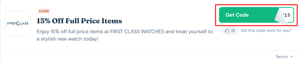 A FIRST CLASS WATCHES discount code with "Get Code" in a red box