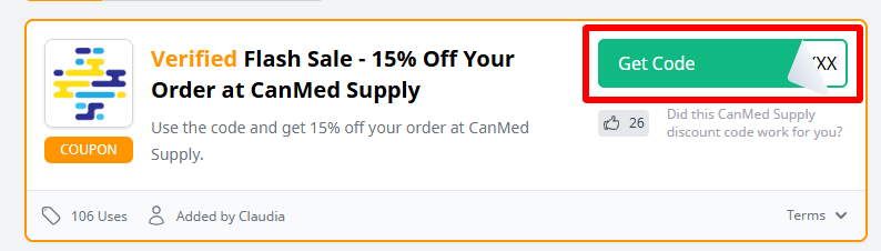 A CanMed Supply promo code with "Get Code" circled in a red box.