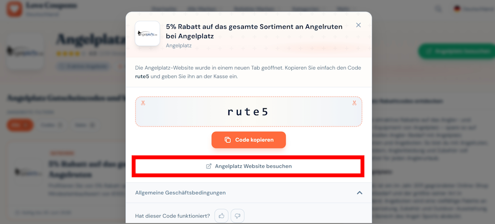 Ein offener Gutscheincode für Anglerplatz mit rotmarkierten Link