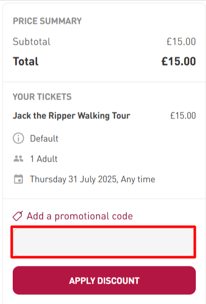 The checkout page showing where to apply your Big Bus Tours discount code
