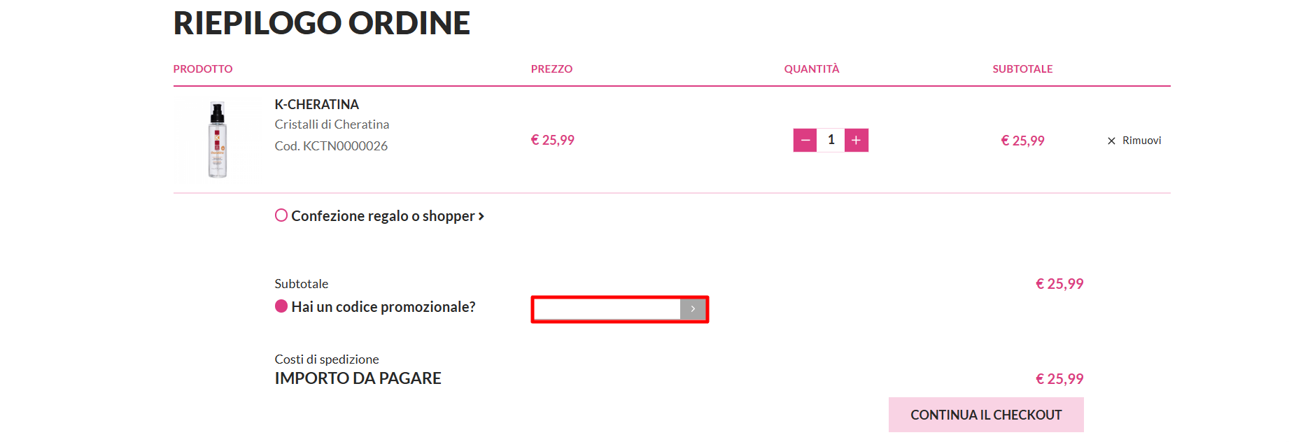 carrello della piattaforma ufficiale Capello Point dove poter inserire un codice sconto Capello Point nel riquadro rosso