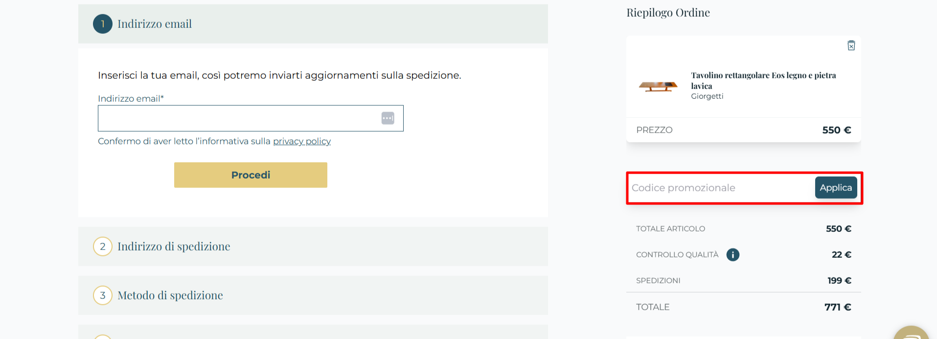 carrello del sito Deesup dove poter inserire un codice sconto Deesup nel riquadro rosso e abbassare il prezzo totale