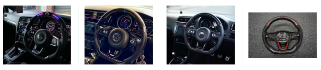 Different steering wheels are displayed on a white backgrount