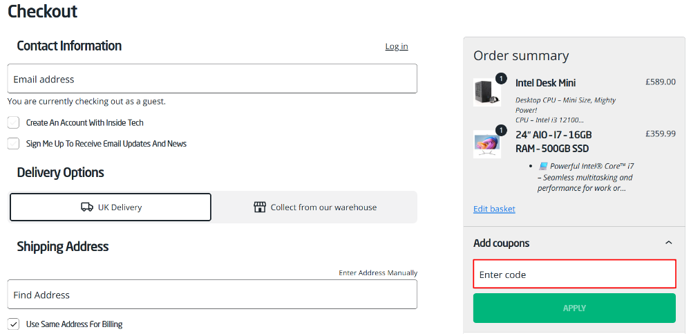 The Inside Tech checkout page with where to paste the Inside Tech voucher code in a red box