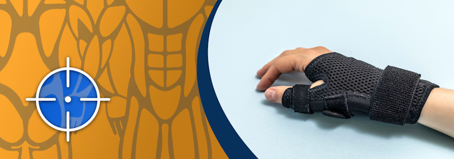 Eine Hand mit Bandage neben einer farbigen Grafik, die einen Körper abbildet