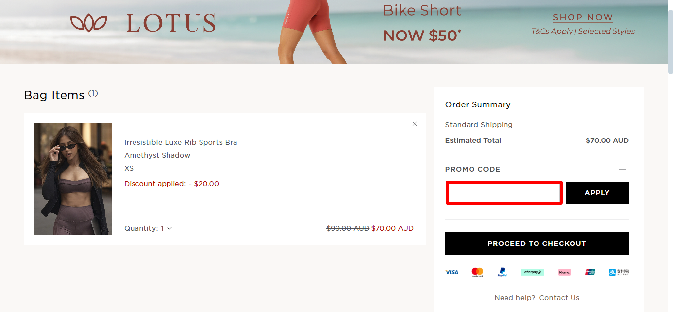 Lorna Jane's shopping bag where you can paste your Lorna Jane promo code and apply it