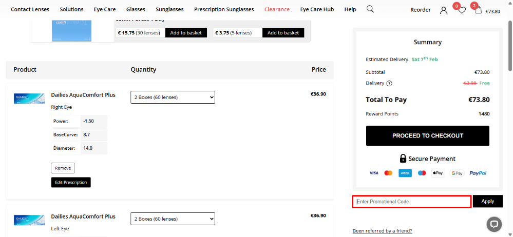 Feel Good Contacts shopping basket where you can apply your Feel Good Contacts discount code