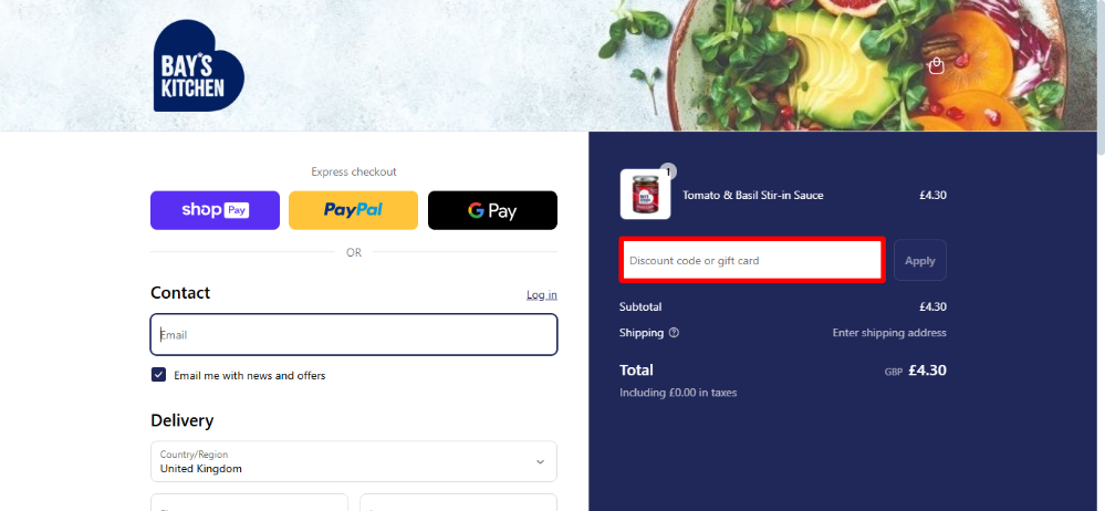 Bays Kitchen's checkout page where you can enter your Bays Kitchen discount code