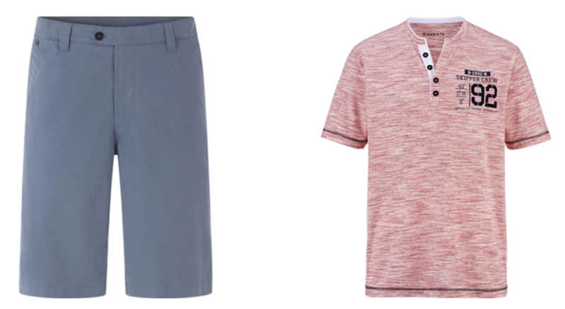 Eine grau-blaue Hose neben einem rötlichen Shirt auf leerem Hintergrund
