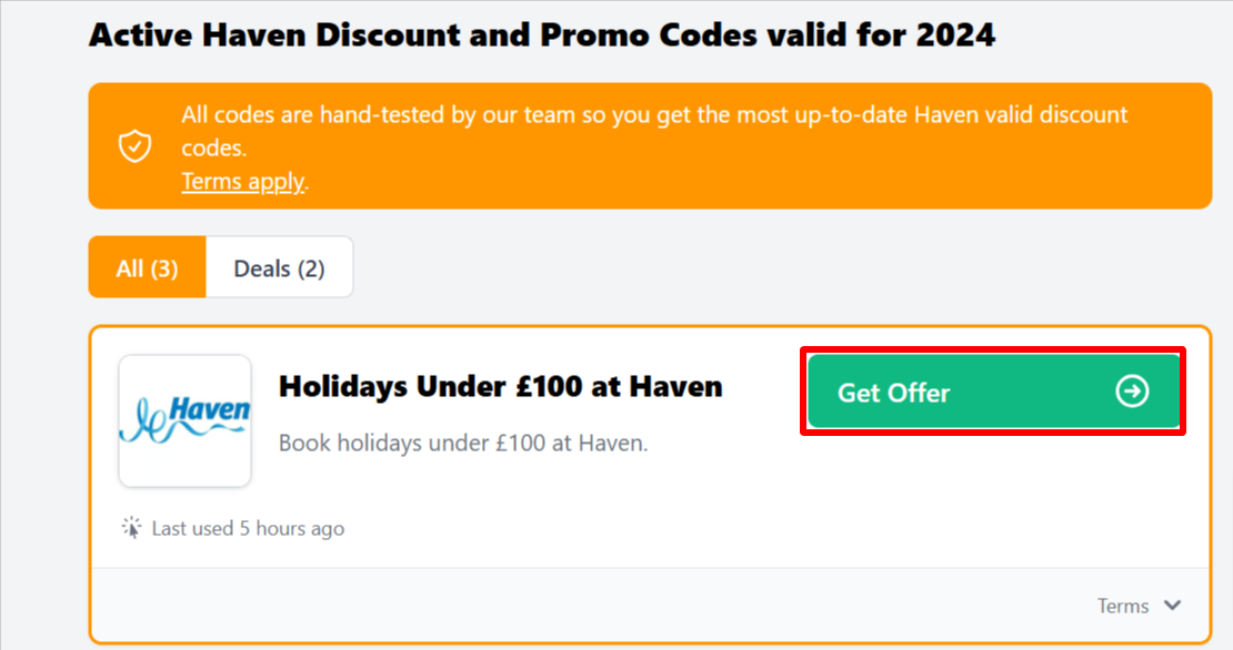The Love Discount Vouchers page showing active Haven offers to use when completing your booking