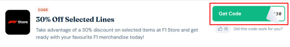 A F1 Store coupon code with "Get Code" in a red box