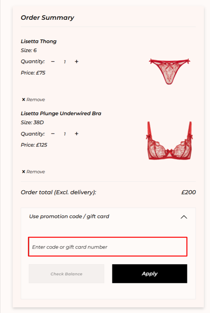 The Agent Provocateur order summary page with where to paste the Agent Provocateur promo code in a red box