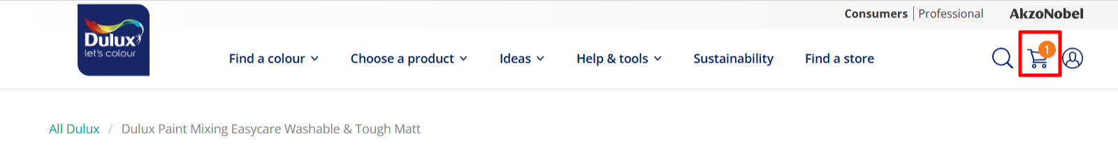 The Dulux page with the different Dulux categories