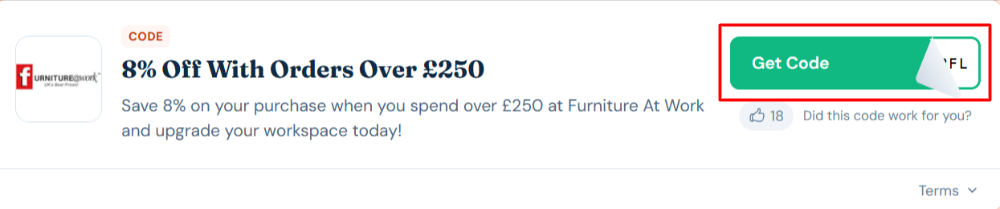 A Furniture At Work voucher code with "Get Code" in a red box