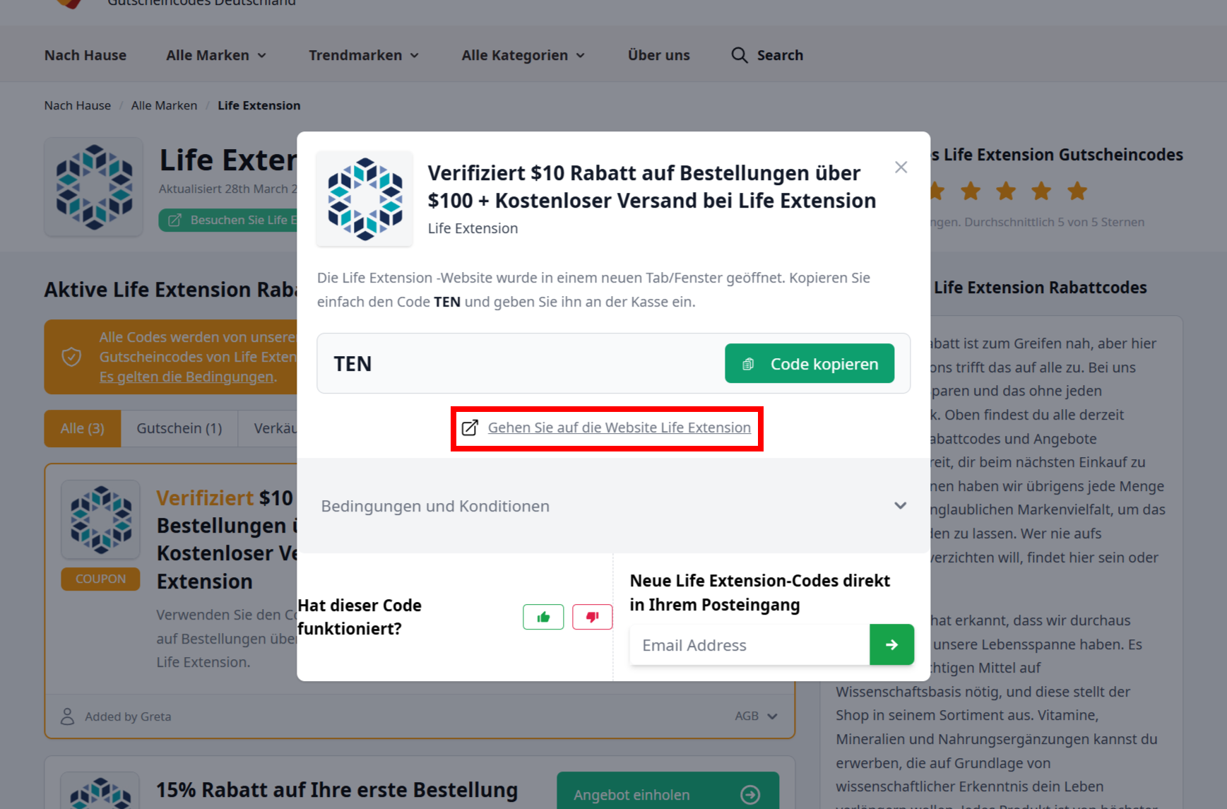 Offener Rabattcode von Life Extension mit einem rotmarkiertem Link