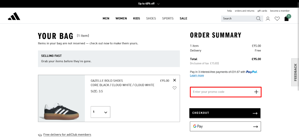 adidas checkout page where a promo code is pasted