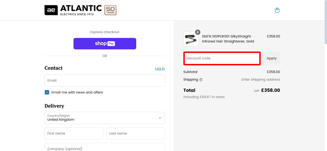 Atlantic Electrics checkout page where you can use an Atlantic Electrics discount code