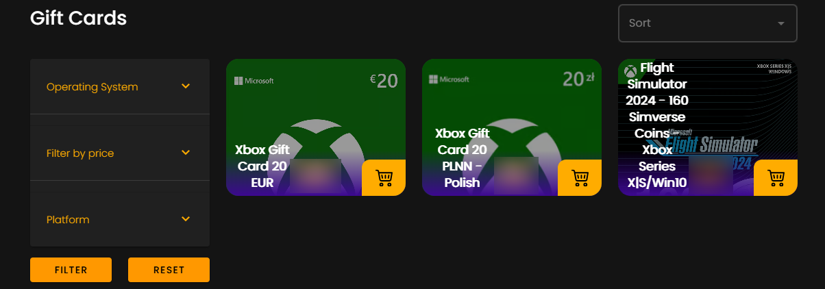 Allyouplay.com's gift card page where you can find the current gift cards that they offer