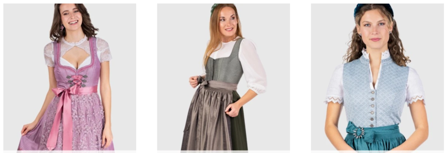 Drei verschiedene Frauen in jeweils unterschiedlichen Dirndl-Kleidern von Alpenwahnsinn