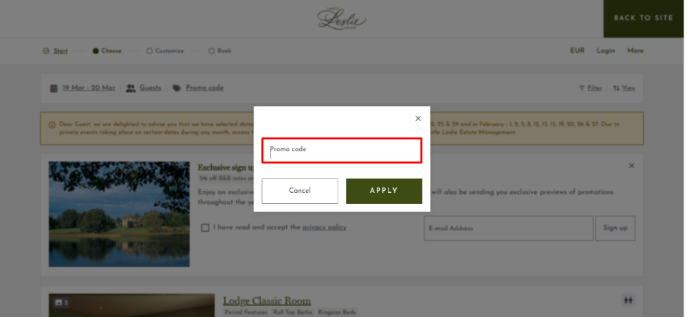 Apply your Castle Leslie Estate discount code to your booking