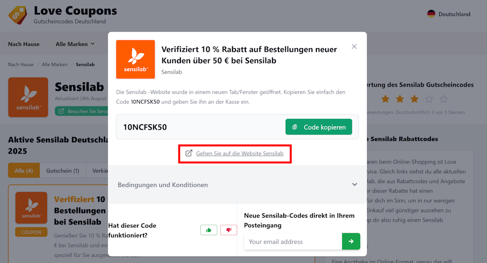 Offener Sensilab Gutschein auf Love Coupons mit einem markiertem Link zur Seite