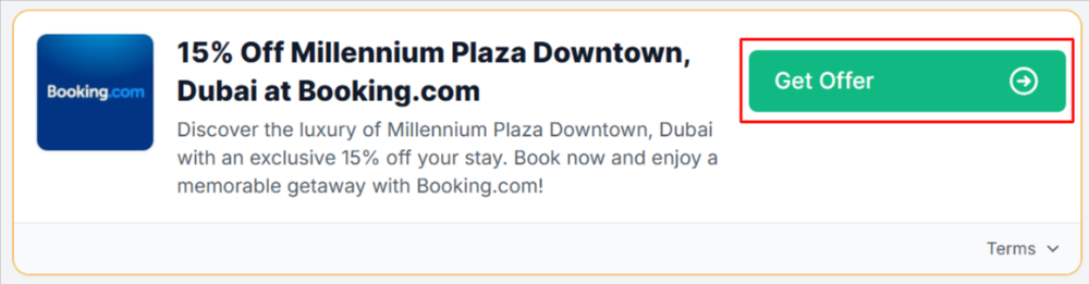 A Booking.com offer with "Get Offer" in a red box