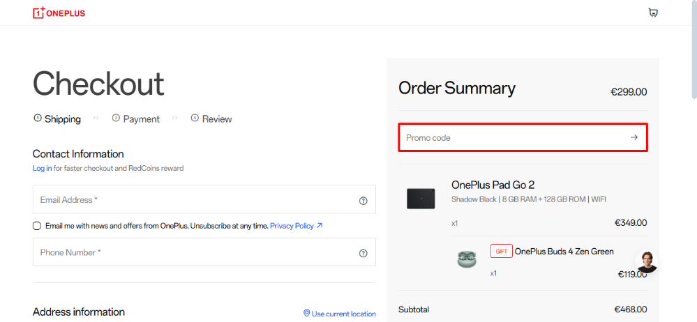 OnePlus coupon code place in the checkout by the order summary