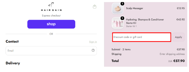 A red box is where you enter a Hair Gain promo code