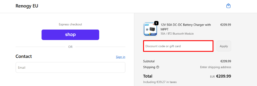Renogy promo code box in the Renogy checkout