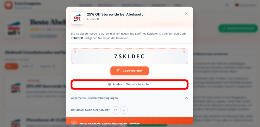 Ein offener Rabattcode für Abelssoft mit einem rotmarkiertem Link