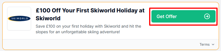 A Skiworld offer with "Get Offer" in a red box.